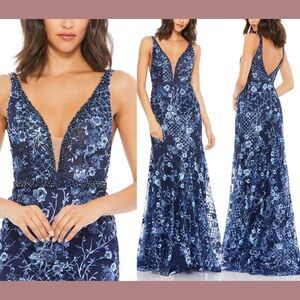 NWT‎ $698 Mac Duggal [ 8 ] Floral Embellished Sleeveless Plunge Neck Gown #G1807